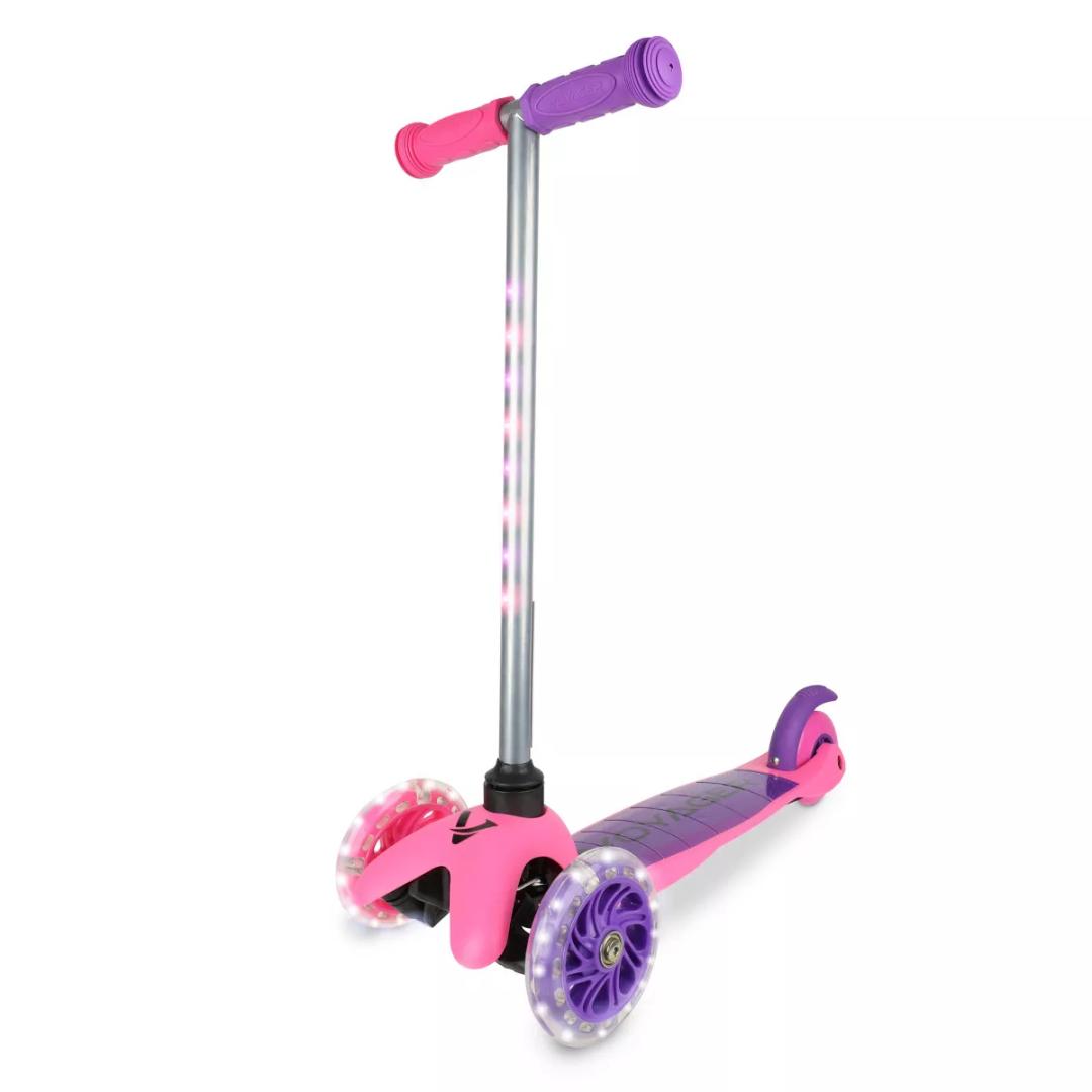 Voyager 3 Wheel Kick Scooter with Light Up Wheels and Tbar - Pink/Purple