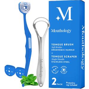 Mouthology Tongue Brush & Tongue Scraper (Combo Pack), Reduce Bad Breath & Improve Oral Hygiene, Tongue Scraper Brush for Adults Ergonomic Handle & Protective Cap, Tongue Cleaner