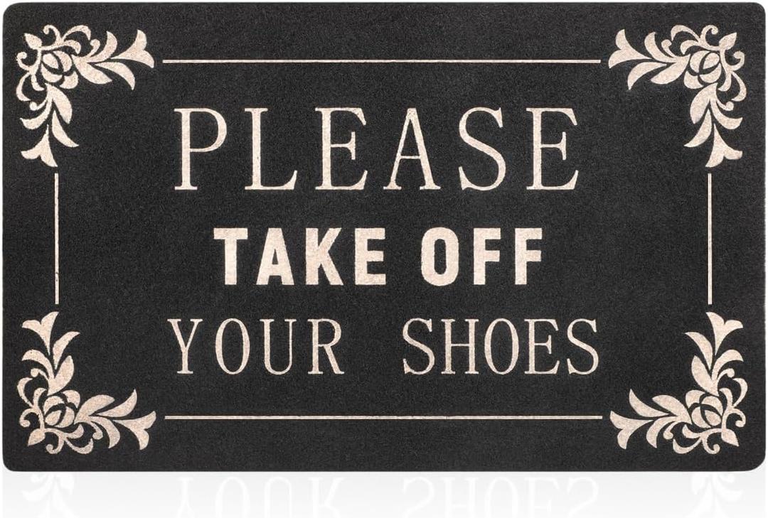 Welcome Mat Outdoor Entryway Please Take Off You Shoes Mats for Front Door with Rubber Backing Doormat Indoor Mat Polystyrene Non Slip Natural Mat Black (18"L x 28"W)
