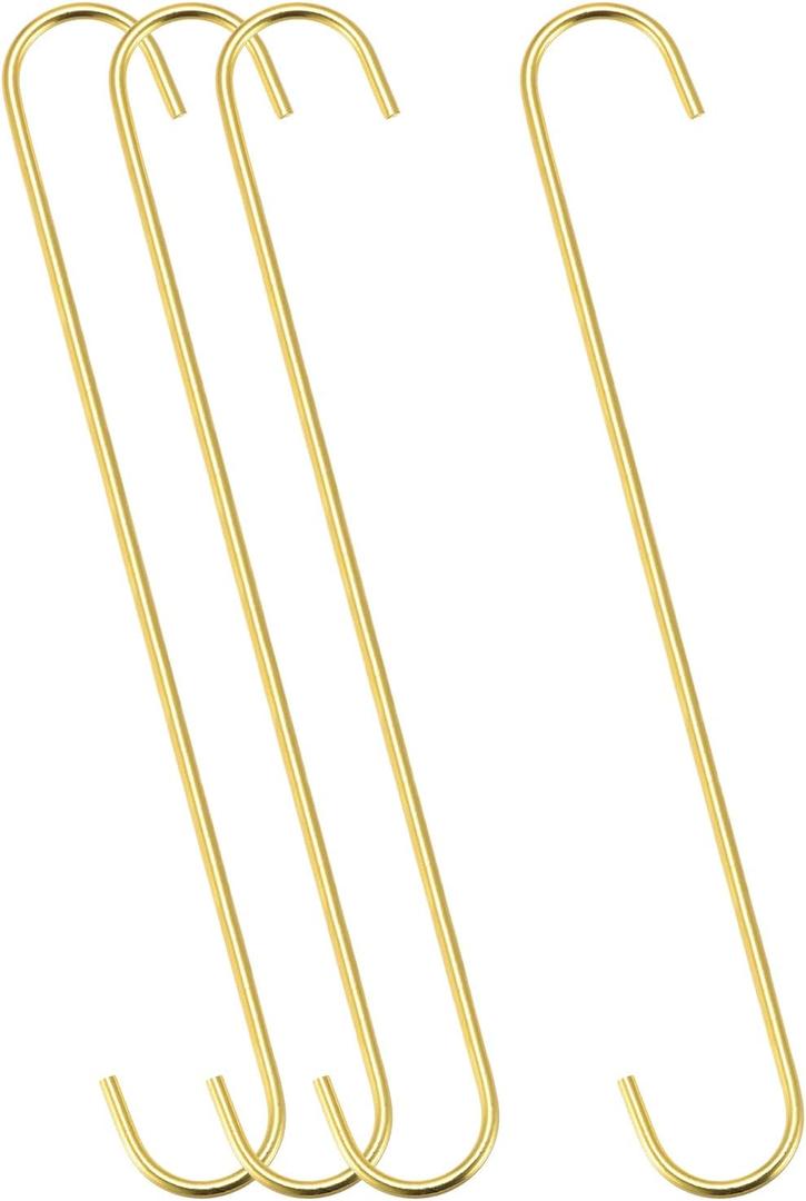 uxcell S Hanging Hooks, 12inch/300mm Extra Long Steel Hanger, Indoor Outdoor Uses for Garden, Bathroom, Closet, Workshop, Kitchen, Gold Tone, 4Pcs
