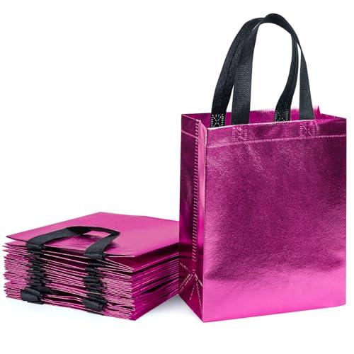 WRAPAHOLIC 12 Pack Reusable Hot Pink Gift Bag with Handles - Medium Size 8 x 4 x 10 inch - Perfect for Baby Gift Bags, Shopping, Goodie Bag, Party Favor Bags