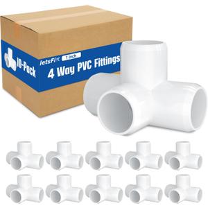 letsFix 1" PVC Fittings 4 Way (10-Pack) Furniture Grade, Elbow Connector, Heavy Duty for DIY Furniture, Frames, UV Resistant - Compatible with 1" Schedule 40 PVC Pipes