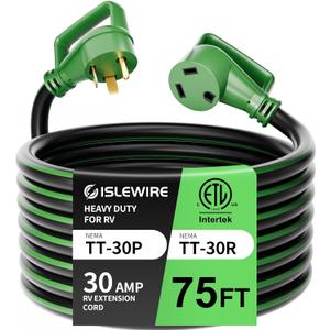 30 Amp 75 Feet RV Extension Cord with Grip Handle, Heavy Duty 10 Gauge 3-Prong 125V STW Pure Copper RV Cord, NEMA TT-30P/R with Cord Organizer for RV Trailer Campers, Black&Green, ETL Listed
