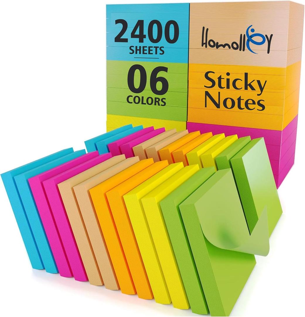 (24 Pads) Sticky Notes 3x3 in 100 Sheets/Pad, Self-Sticky Note Pads, 6 Bright Colors Super Sticky Pads - Easy to Post for School, Office Supplies, Desk Accessories (Multi-colored)