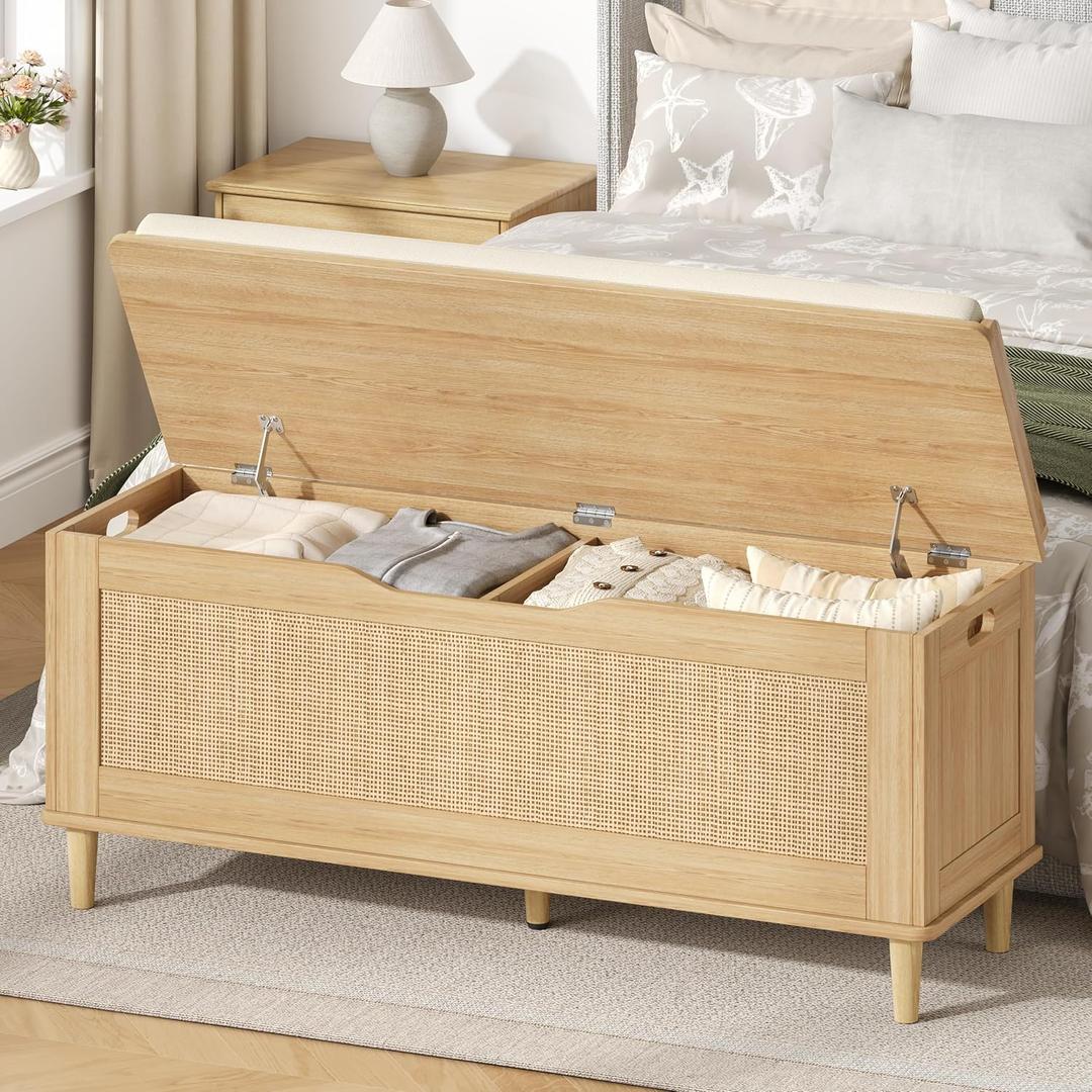 Keehusux 47.2" Rattan Storage Chest with Padded Seat Cushion, Natural Oak | Extra Large Storage Bench with 2 Safety Hinges, Storage Trunk with Solid Wood Legs & Rounded Corners for Entryway, Bedroom