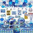 Mpanwen Shark Party Supplies, 216Pcs Shark Themed Birthday Party Decorations Decor - Banner, Paper Glasses, Balloons, Cake Toppers, Plates, Tablecloth, Hanging Swirls, Wall Signs Serves 16 Guests