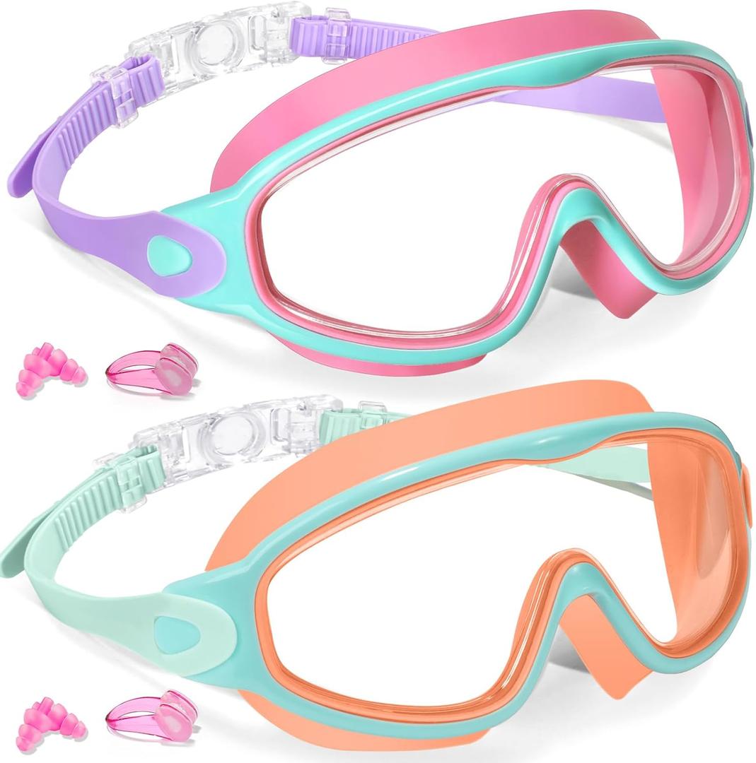 Keary 2 Pack Kids Swim Goggles for 3-15 UV Protection Anti-Fog Pool Water Swimming Goggles For Boys Girls Youth Toddler (Pink & Orange)