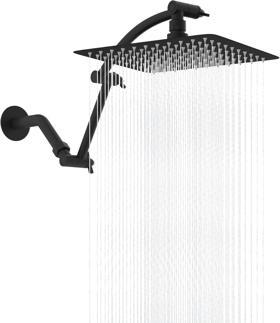 Hibbent All Metal Rain Shower Head, 10'' High Pressure Rainfall Showerhead with 16" Shower Head Extension Arm, Solid Brass Adjustable Shower Arm Extender, Waterfall fixed Showerheads, Matte Black