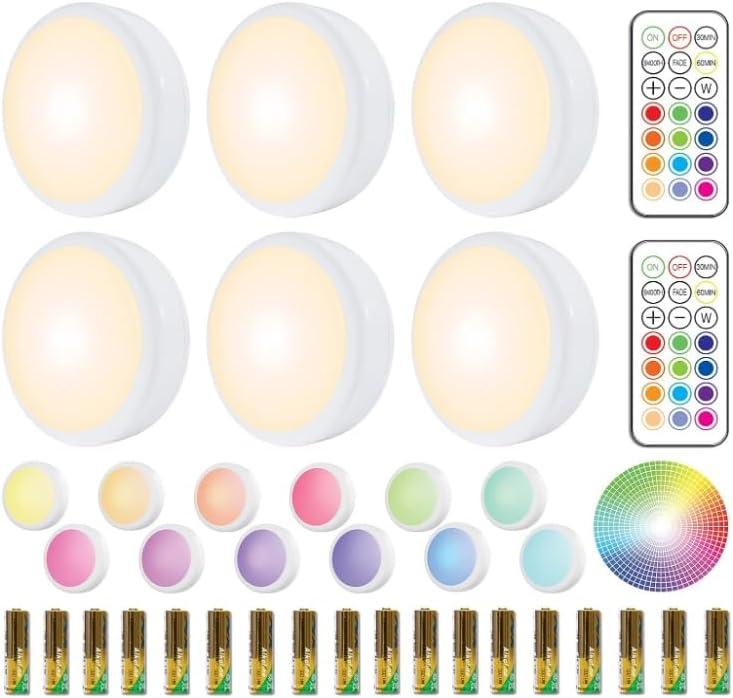 HELPLEX LED Puck Lights with Remote, 6 Pack Color Changing RGBW, Battery Powered Under Cabinet Lighting, Dimmable with Timer & Memory, Stick-On Wireless Light with 18 AA Batteries Included