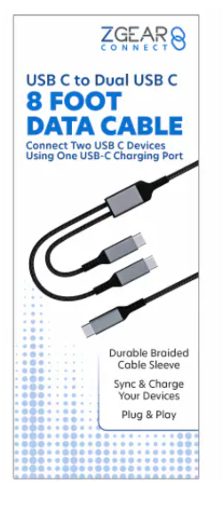 ZGEAR CONNECT. USB-C to Dual USB-C. 8ft Data Cable.