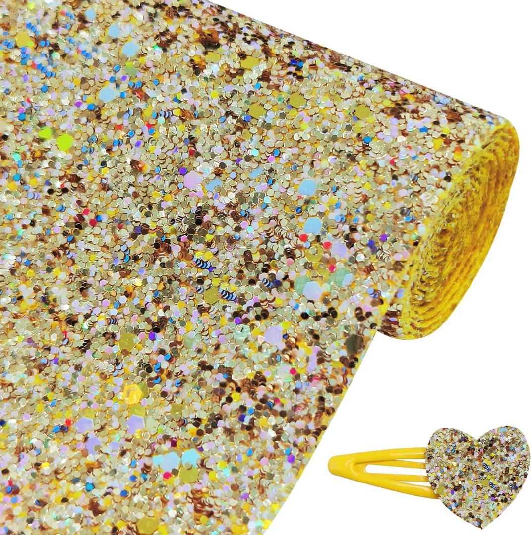 Sparkly Gold Chunky Glitter Fabric Roll 12 x 52 Inch, Shiny Autumn Faux Leather Material for Crafts, Bows, Earrings (18060#5)