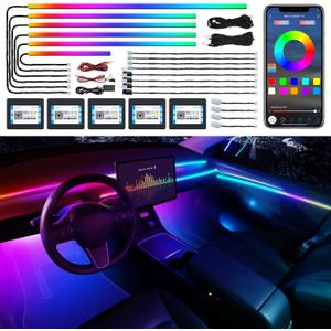 Dreamcolor Acrylic Interior Car LED Strip Light with Wireless APP, RGB 18 in 1 with 175 inches 600 LEDs Fiber Optic Car Ambient Lighting Kits, Dual Zone Sound Active Function LED Strip for Car
