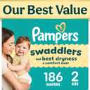 Pampers Swaddlers Diapers, Size 2 (10-22 lbs), 186 Count, Fragrance Free, Hypoallergenic, Absorbent, Pediatrician Recommended, Skin Safe