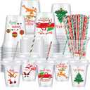 Boao 36 Sets Christmas Plastic Cups with Lids and Paper Straws 14 oz Retro Christmas Party Supplies Favors Decorations Xmas Ice Coffee Disposable Clear Plastic Cups Bulk Xmas Party Favors