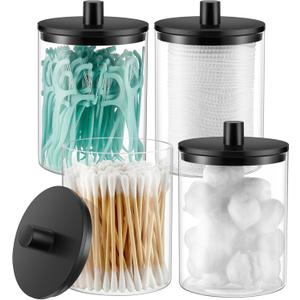 TIPGO Glass Qtip Holder Dispenser - 10 oz Clear Canister Apothecary Jar, Bathroom Vanity Storage Organizer Set for Cotton Swabs, Pads, Floss Picks, Small Containers for Makeup Storage (4 Pack, Black)