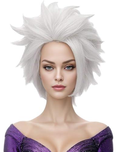 morvally Undersea Witch Costume Wig for Women Short Silver Grey Cosplay Wig Anime Layered Synthetic Hair Halloween Wigs for Adults