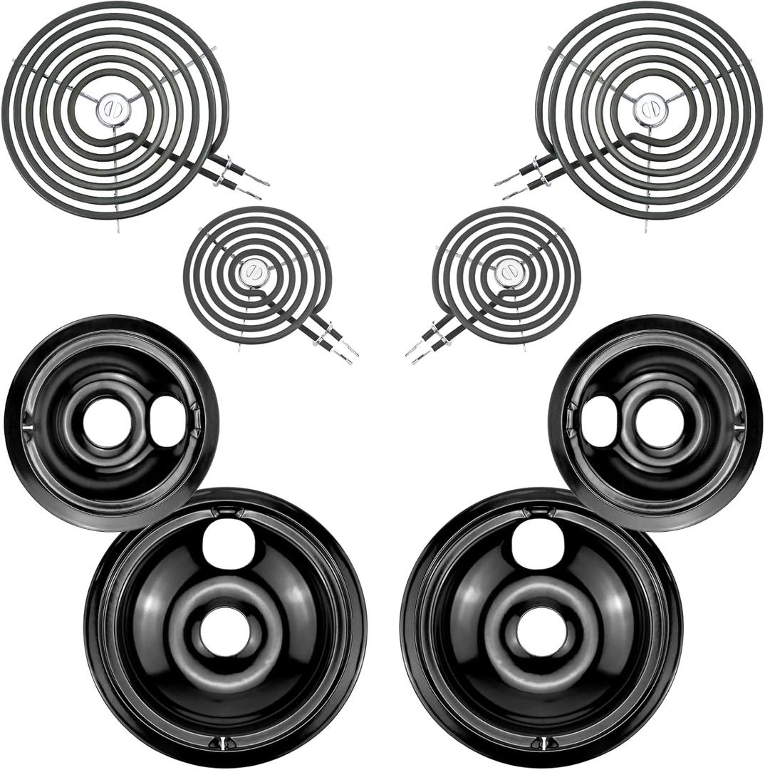 Electric Stove Burner Drip Pans WB31M19(8) WB31M20(6) and Electric Stove Top Burner WB30M1(6") WB30M2(8") Compatible for G-E Hot-point Ken-more General Electric Stove Parts by MIFLUS (Black Drip Pans 2*8in 2*6in and Stove Burner 2*8in 2*6in)