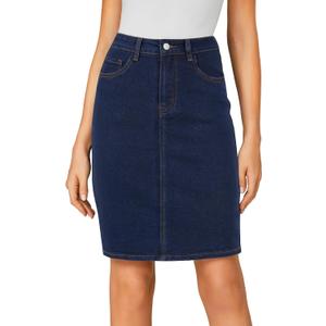 LYANER Women's Casual Stretch High Waist Bodycon Denim Jean Midi Skirt with Pockets (Navy, S)