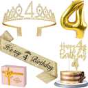 4th Birthday Decorations for Girl with 4th Birthday Sash and Crown, Candle and Cake Topper, Number Balloon, 4 Year Old Girl Gifts
