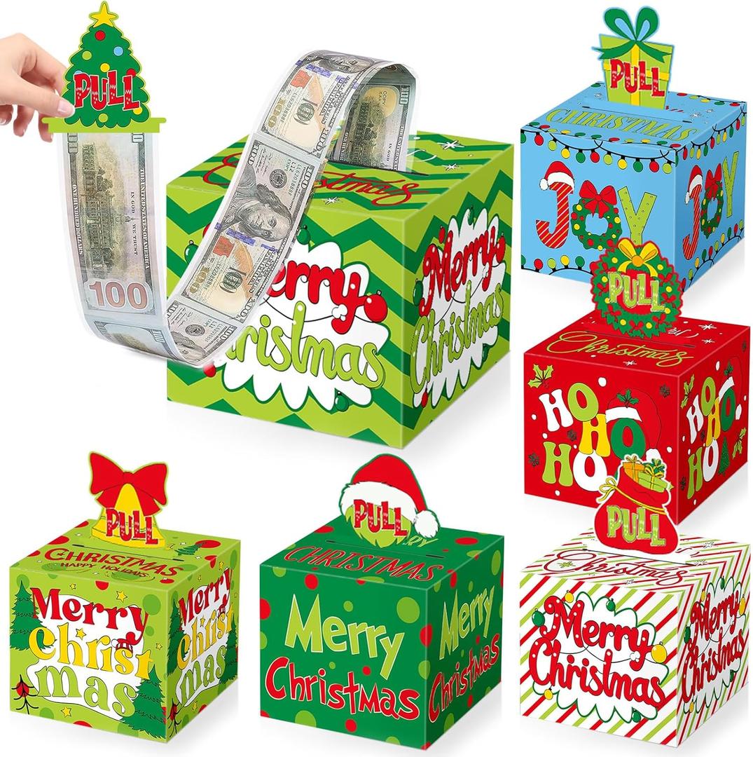 6 Pcs Christmas Money Box Party Supplies Xmas Green and Red Money Gift Box for Cash Pull Merry Christmas Xmas Tree Surprise Gift Holders Party Decors for Kids Girls Boys Holiday Green Cash Dispenser