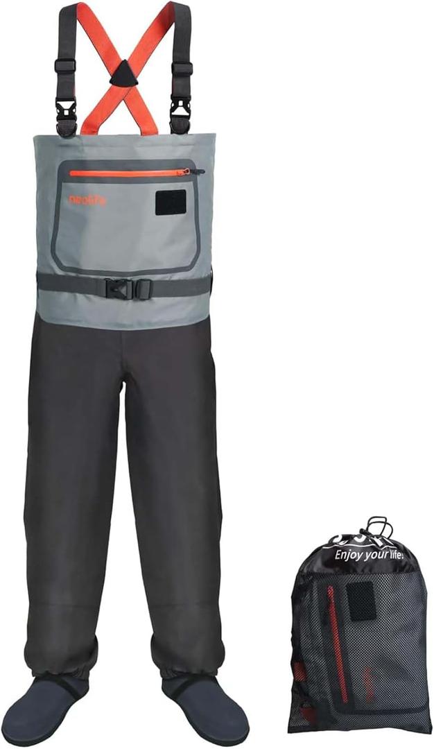 Fishing Chest Waders for Men and Women, 3-Ply Breathable Waterproof Hunting Waders with Pockets and Neoprene Stocking (Small, Gray)