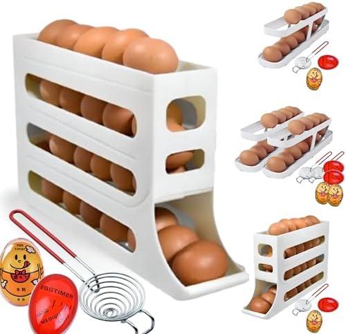 Pack of 2 Volue 4 Pieces 1 Set Space Saving 28 Eggs Egg Holder For Fridge Auto Rolling – with Rolling Egg Holder with Separator & Egg Timer | Includes Holder & Timer & Separator All in One Set (4 Tier, 1 Count) 