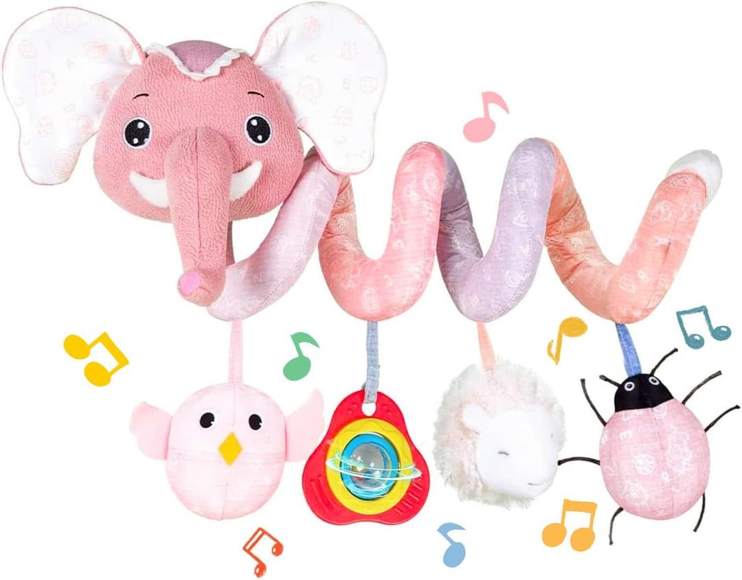Koty Newborn Car Seat Toys, Stroller Toys for Babyies 0-6 Months,Infant Activity Spiral Plush Toys Hanging - Carseat Stroller Crib with Musical Rattle Toy for Boys Girls 0 3 6 9 Months (Pink Elephant)