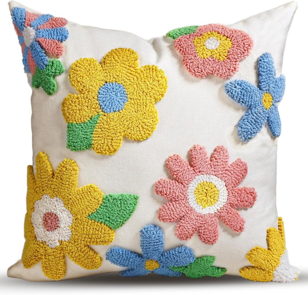 Throw Pillow Covers 18x18 - Tufted Decorative Pillow Cover with Zipper for Couch Sofa Bed Living Room Aesthetic Cute Soft Spring Summer Farmhouse Indoor Pillowcase, Five Color Flower