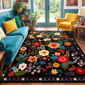 RELEANY Floral Nursery 6x9 Area Rugs Washable Print Boho Cute Carpet Non Slip Flower Low Pile for Living Room Kids Girls Playroom Bedroom Kitchen Office Farmhouse-Black