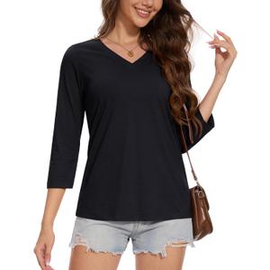 MAGCOMSEN 3/4 Sleeve T Shirts for Women V Neck Tshirts Cotton UPF50+ Summer Tops Casual T-Shirts Basic Tees 2025 (Black, M)