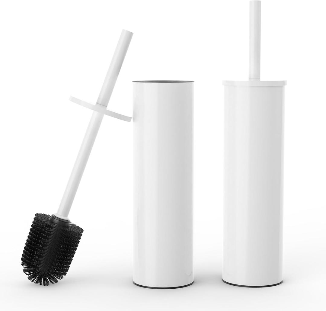Toilet Brush and Holder Set, 2 Pack Stainless Steel Toilet Bowl Brush with Lid, Rust Proof Toilet Cleaner Brush with Caddy, Durable Bristles, Splash Proof, Ideal for BathroomWhite