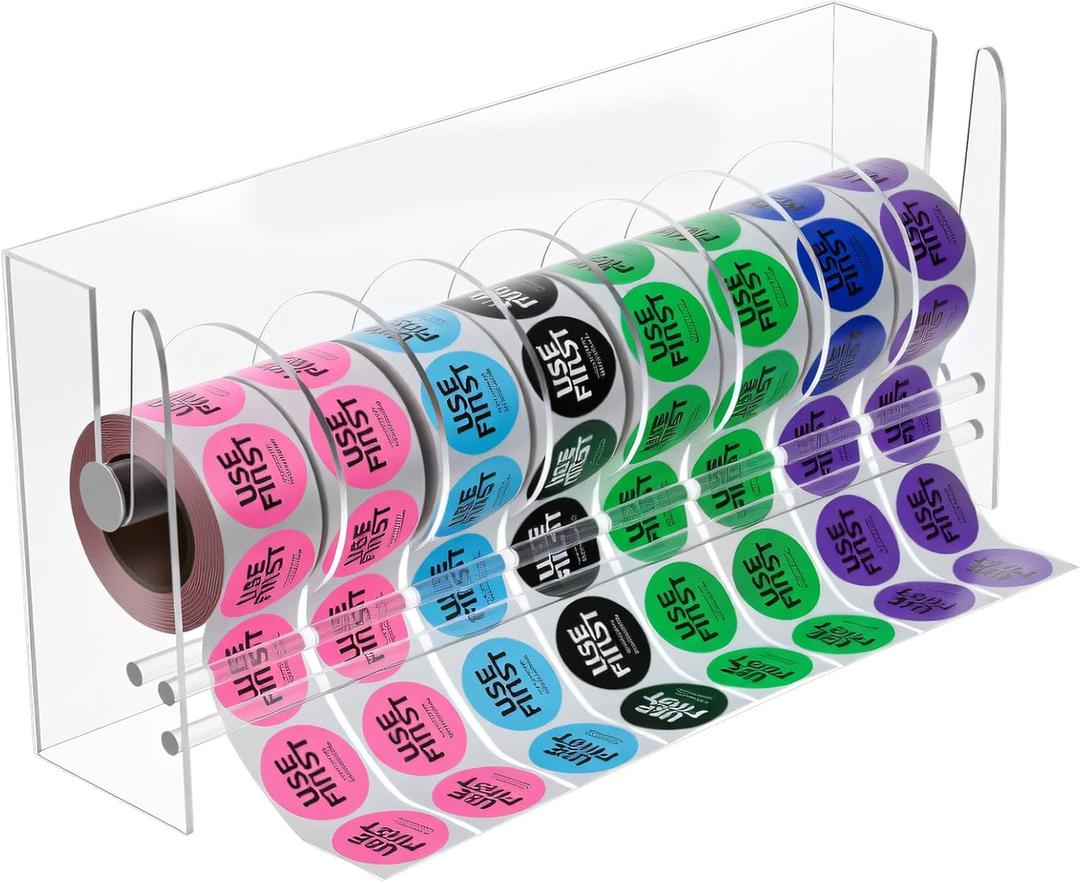 9 Disks Adjustable Acrylic Label Dispenser Sticker Roll Holder Organizer Clear Label Stand for Office and Home Use