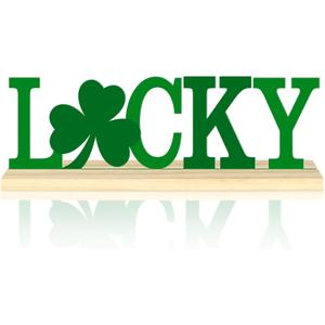 Metal St. Patricks Day LUCKY Table Sign, St. Patricks Day Tabletop Decoration with Wood Base, Green Shamrock Holiday Centerpiece Sign Decor for Home, Office, Shelf, Mantel Party Supplies