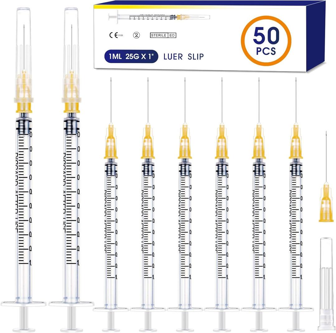 50 Pack 1ml Syringes with Needle-25Ga 1 Inch, Individually Sealed Packaging