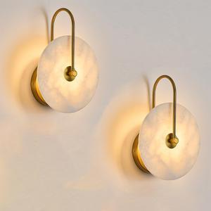 Round Alabaster Wall Sconce Set of Two, Natural Marble Lampshade Wall Sconce, Hardwired Circular Sconce LED Modern Wall Lamp for Bedroom, Stairs, Living Room, Bedside, Hallway (25CM-2PCS, Gold)