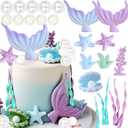 Mermaid Cake Decorations, Tyotrbs Mermaid Cake Toppers Under the Sea Party Decor Seashell Fish Cake Accessories for Summer and Ocean Birthday Party Decorations (Purple+blue)