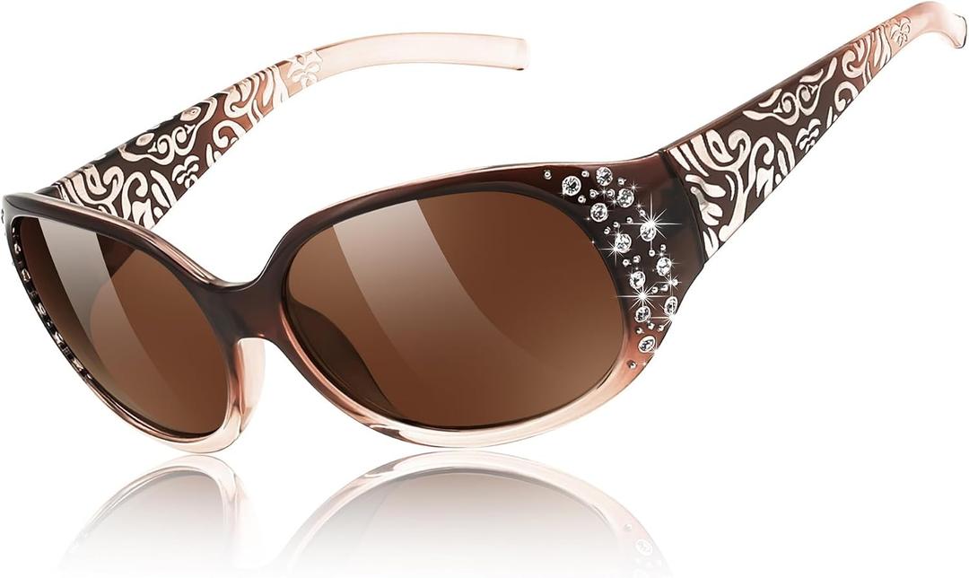 FEISEDY Women's Polarized Sunglasses Wrap Around Rhinestone Design Fashion Sunnies UV400 Protection B1091, Gradual Tea Frame & Tea Lens