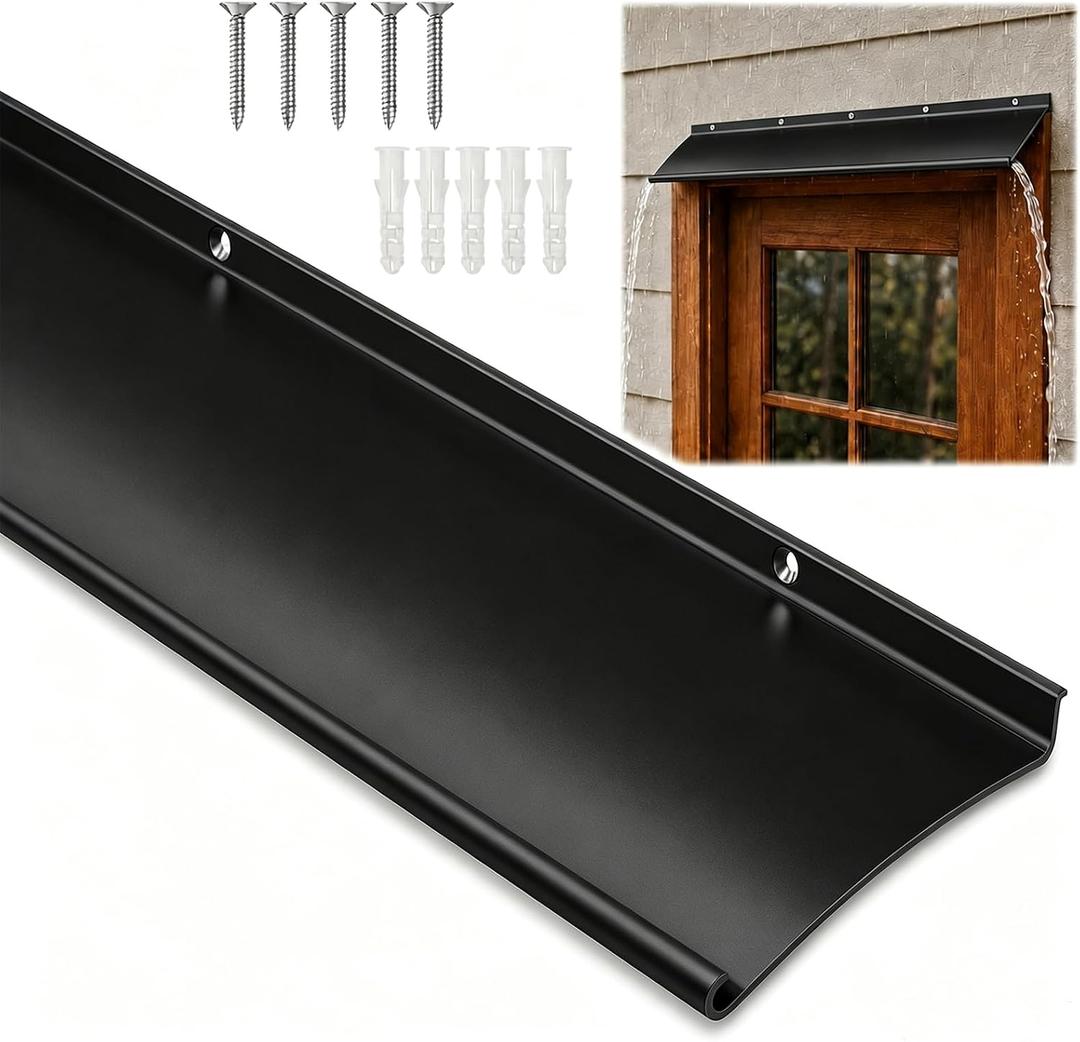 4" Extra-Wide Door Rain Drip Guard, Heavy Duty Aluminum Window Rain Diverter, Door Rain Deflector with Pre Drilled Holes and Expansion Screws (Black, 1pcs)