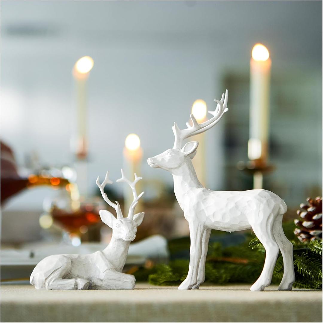 DN DECONATION 2PCS Christmas Reindeer Figurines, Chritmas Small White Deer Statues,Decorative Resting Lucky Resin Deer Rustic Sculptures for Indoor Home Decor Mantle Cabinet Desktop Office