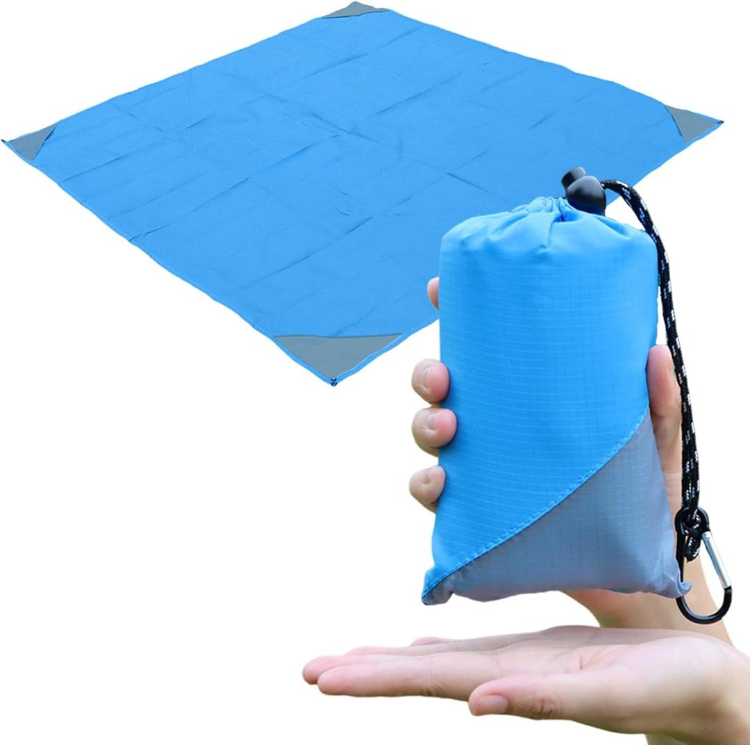 Orga'Neat Pocket Picnic Blanket, Sandproof Lightweight Pocket Camping Tarp, 55x 60 Foldable & Fits into Small Bag, Water Resistant Washable Quick Dry Compact Beach Mat for Outdoor Recreation (Blue/Grey)