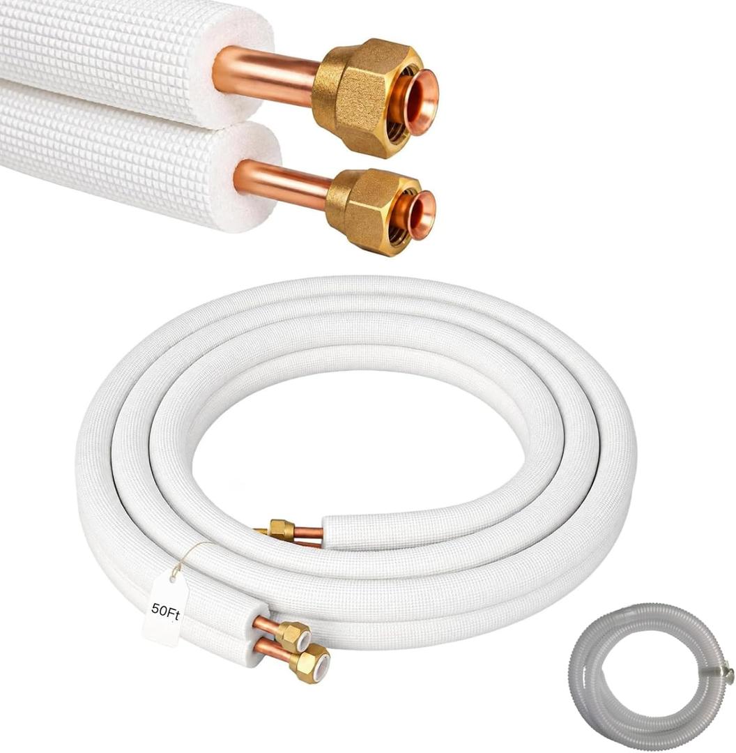 50 Ft Mini Split Line Set, 1/4" & 3/8" OD Flared Copper Tubing Pipes and 3/8" Thickened PE Insulated Coil with Nuts & Kit for Mini Split Air Conditioner & Heat Pump System