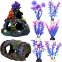 Fish Tank Decoration Betta Fish Tank Decorations Accessories, Aquarium Colorful Coral Reef Set, Coral Mountain x 1, Starfish Barrel x 1, Aquarium Decor Plants x 6