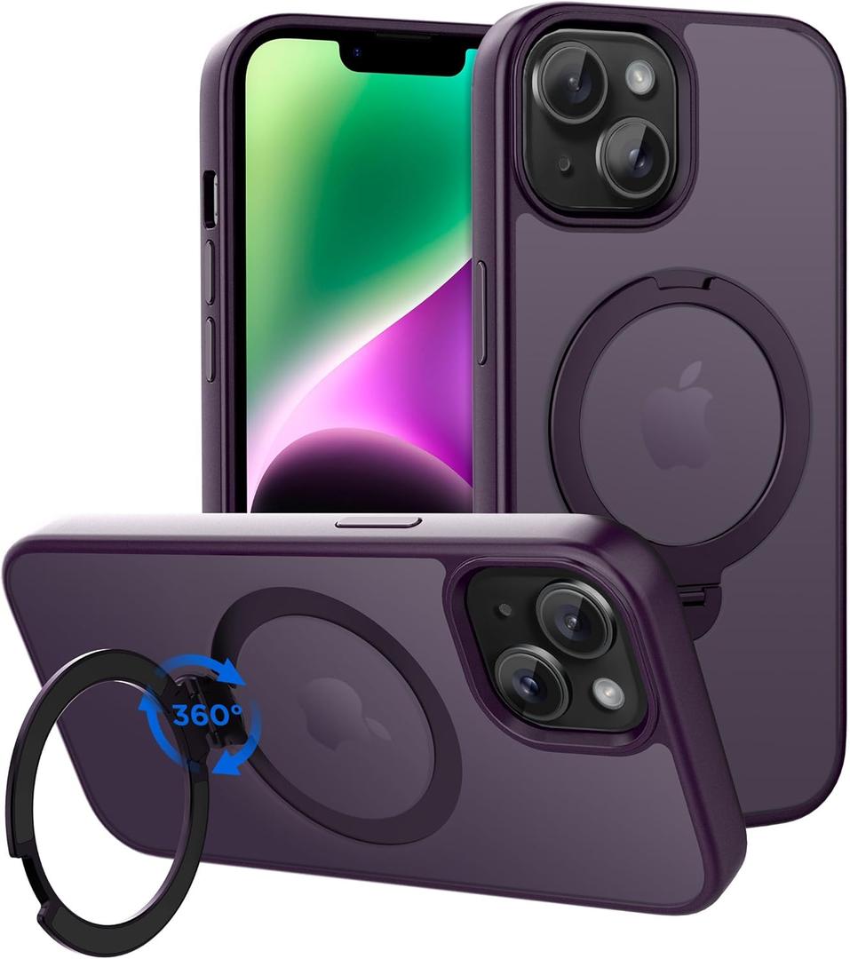 CACOE Magnetic Case for iPhone 13/14 6.1 inch with 360 Rotatable Ring Stand, Compatible with MagSafe Car Phone Mount, Cases Cover Phone Holder for Desk Meeting/Videos Dark Purple