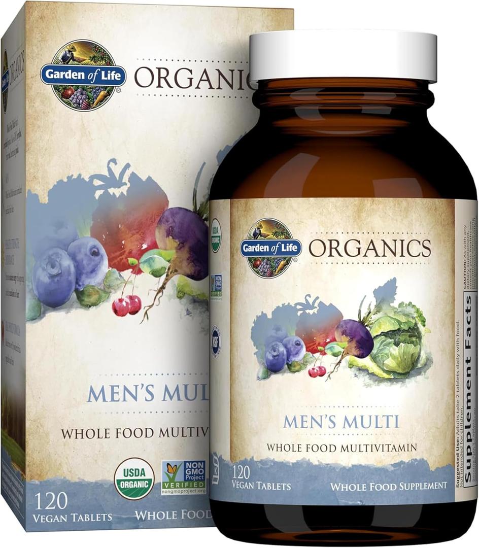 Garden of Life Organics Whole Food Multivitamin for Men, 120 Tablets, Vegan Mens Vitamins and Minerals for Health and Well-Being, Certified Organic Vegan Multi, BBD: 01/2028