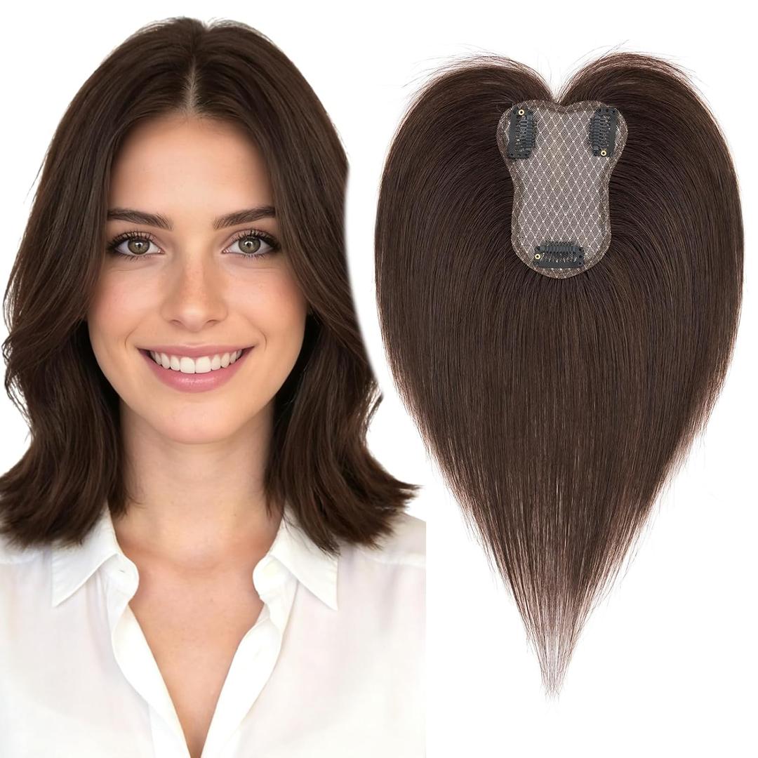 MY-LADY Human Hair Toppers for Women Real Human Hair with Side Bangs Hand-Tied Thin 8 * 11CM Lace Base Light Weight Clip in Remy Hairpieces 10 Inch Dark Brown