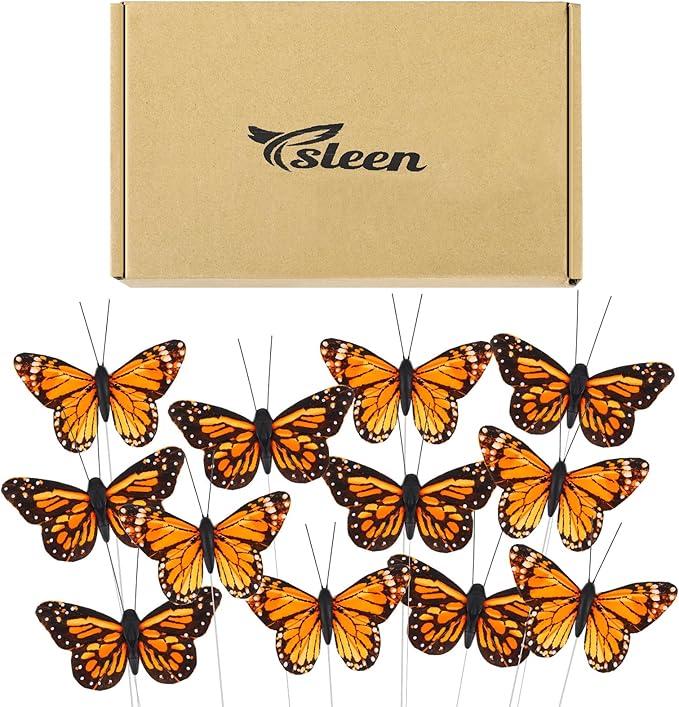 Ysleen 12 Set Monarch Butterfly Decoration Artificial Butterflies Feather Picks with Wire for Crafts Fake Floral Flower Bouquet Party Supplies Spring Summer Decor(4 x 3 Inch,Orange Color)