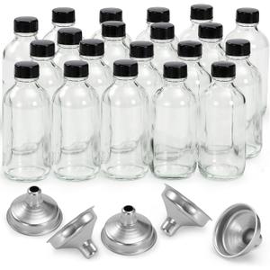 8 Pack, 4 oz Small Clear Glass Bottles w/Lids & 3 Stainless Steel Funnel  120ml Boston Round Sample Bottle for Potion, Juice, Ginger Shot, Wellness, Oils, Whiskey, Liquids  Leakproof Travel Bottle