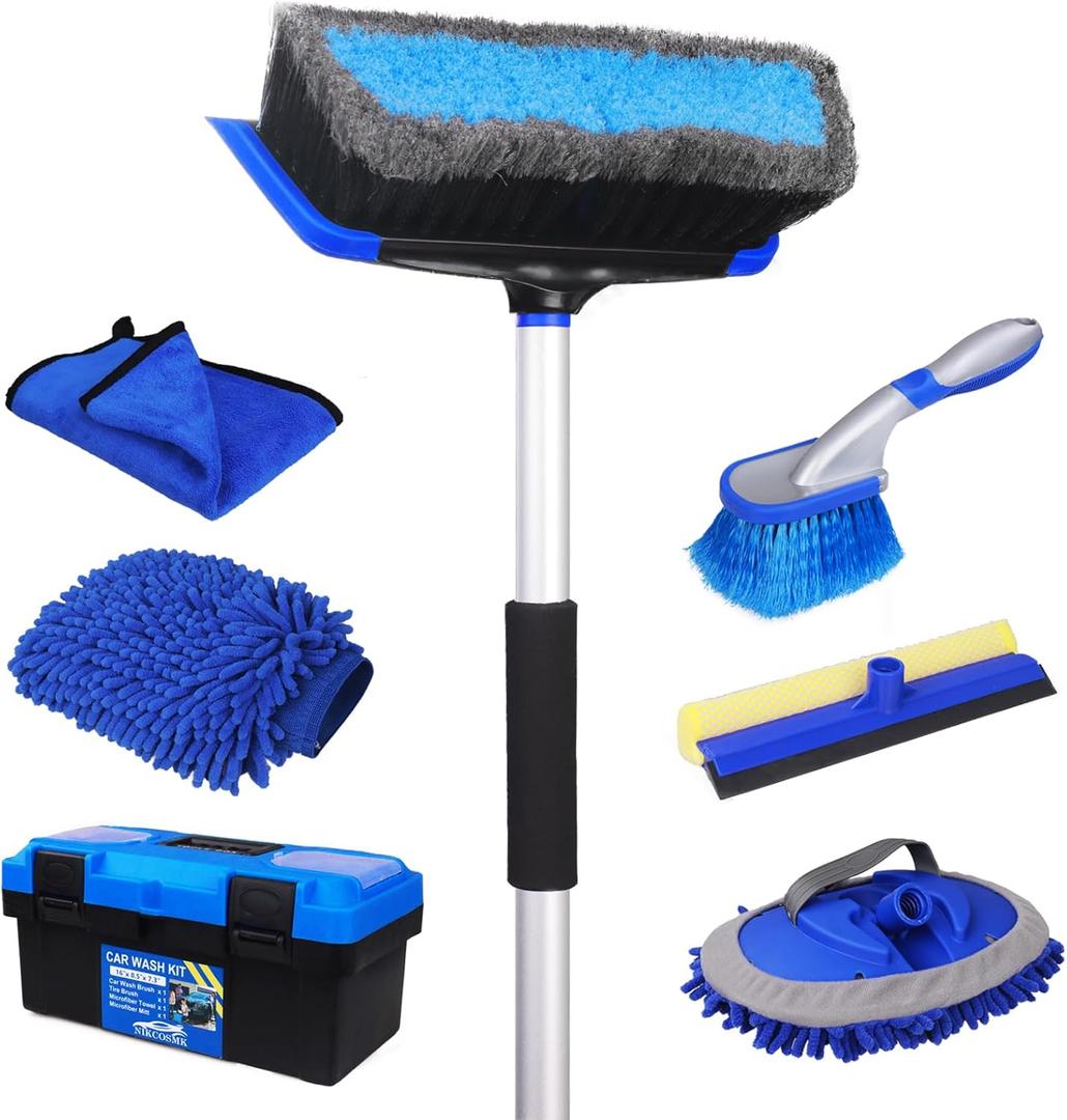 NIKCOSMK 62'' Car Wash Brush with Long Handle, Car Wash Kit with Tire Brush, Tower, Window Squeegee, Chenille Microfiber Car Wash Mop Mitt, Car Cleaning Brush Kit Supplies for Car, Truck, SUV, RV (Blue)