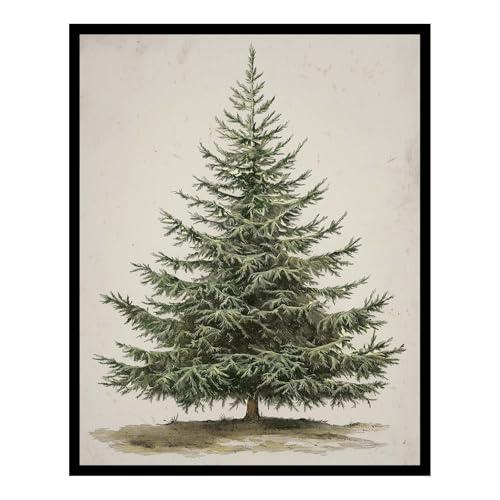 Generic Vintage Christmas Tree Print, Rustic Winter Tree Art, 11x14 inch + Black Framed