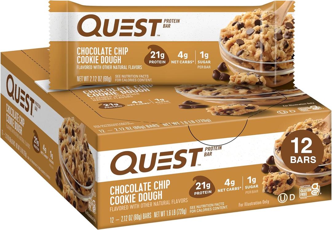Quest Nutrition Chocolate Chip Dough Cookie Protein Bars, 21g Protein, 1g Sugar, 4g Net Carb, Gluten Free, Keto Friendy, 12 Count
